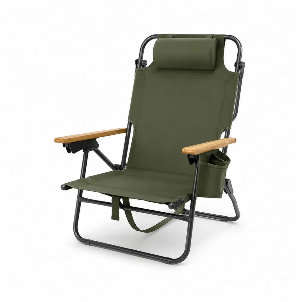 Gartenstuhl Klappstuhl 62 x 72 x 92 cm mit Kopfkissen Seitenfach Polyester Stahl und Bambus Olivgrün Schwarz Naturbraun