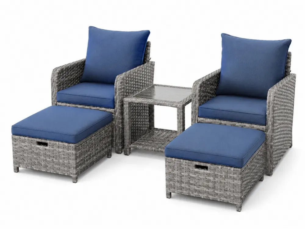 Garten-Lounge-Set 5-teilig mit 2 Sesseln 2 Hockern Beistelltisch PE-Rattan pulverbeschichteter Stahl Glas Polyester rechteckig Grau Blau
