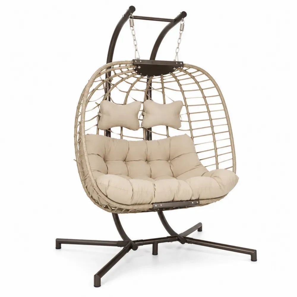 Hängesessel 2-Sitzer mit Gestell Sitzpolster und 2 Kopfkissen 145 x 115 x 198 cm Stahl PE-Rattan oval Naturbeige Creme Braun Silberfarben