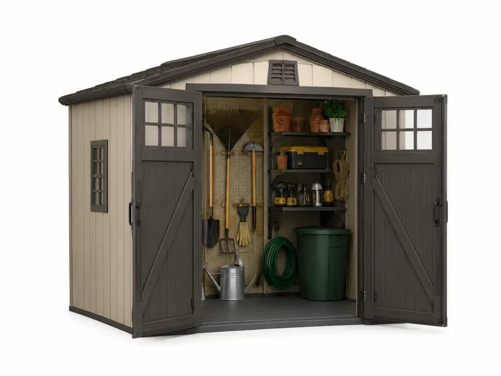 Gartenschuppen Gerätehaus mit Satteldach Doppeltür Seitenfenster PP Polypropylen Stahl Beige Dunkelbraun Dunkelgrau 240 x 180 x 220 cm