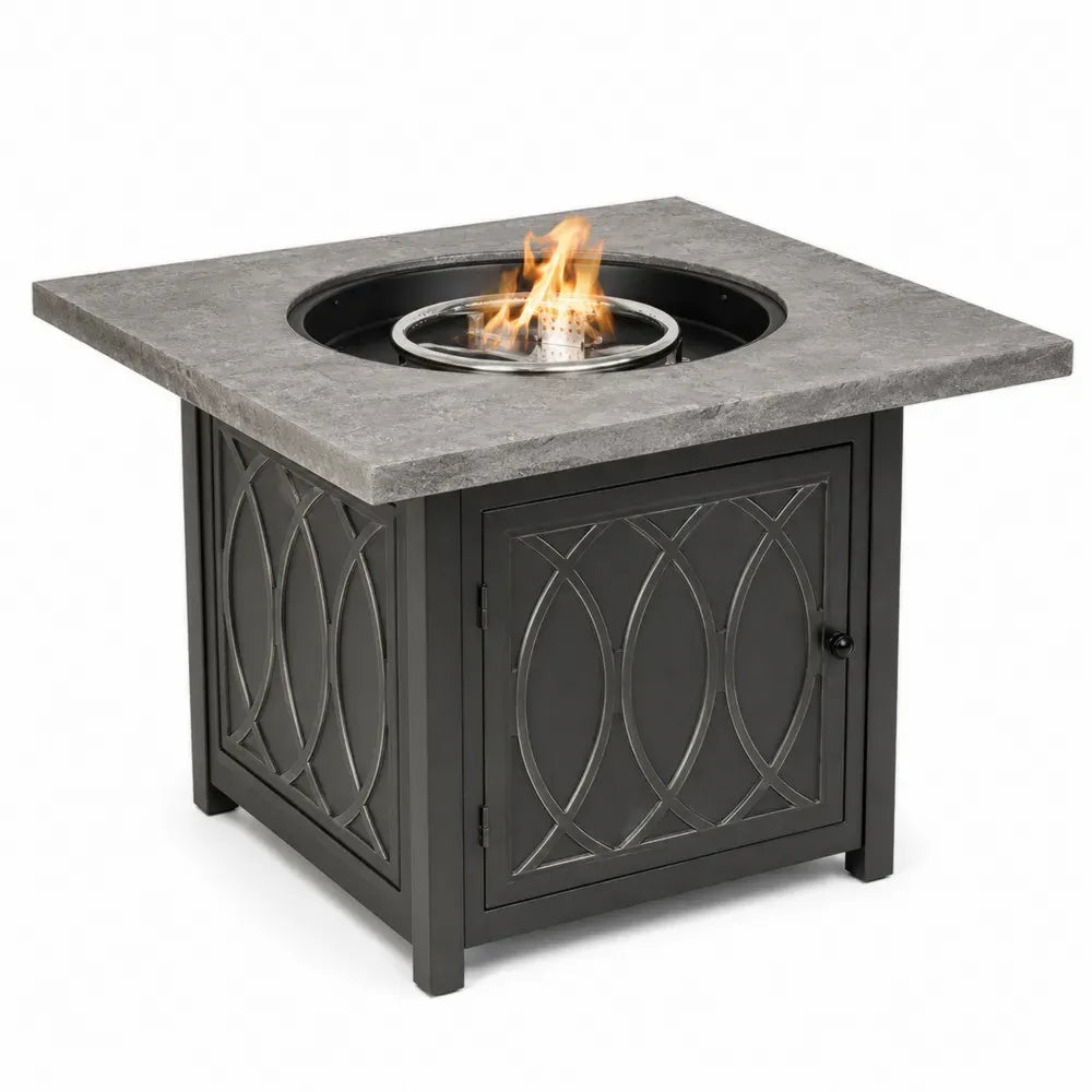 Feuertisch Gartentisch mit Gasbrenner und Stauraum Steinverbundwerkstoff pulverbeschichteter Stahl quadratisch Grau Schwarz Silber 90 x 90 x 64 cm