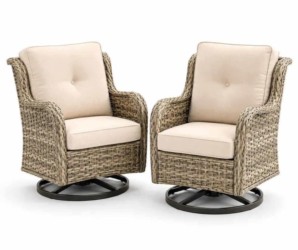 2er Set Garten-Drehsessel mit Armlehnen und rundem Drehfuß je 74 x 78 x 88 cm aus PE-Rattan Stahl und Polyester Naturbeige Beige Schwarz