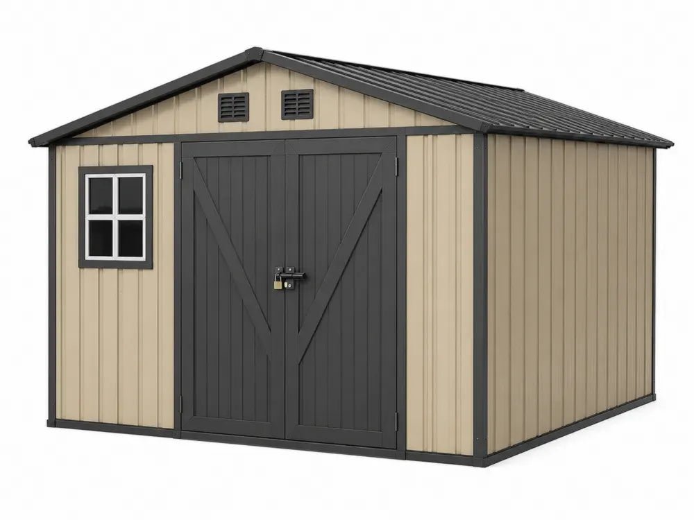 Metall Gerätehaus Gartenschuppen mit Satteldach Doppeltür und Fenster verzinktes Stahlblech Beige Anthrazit Weiß Schwarz 312 x 257 x 226 cm