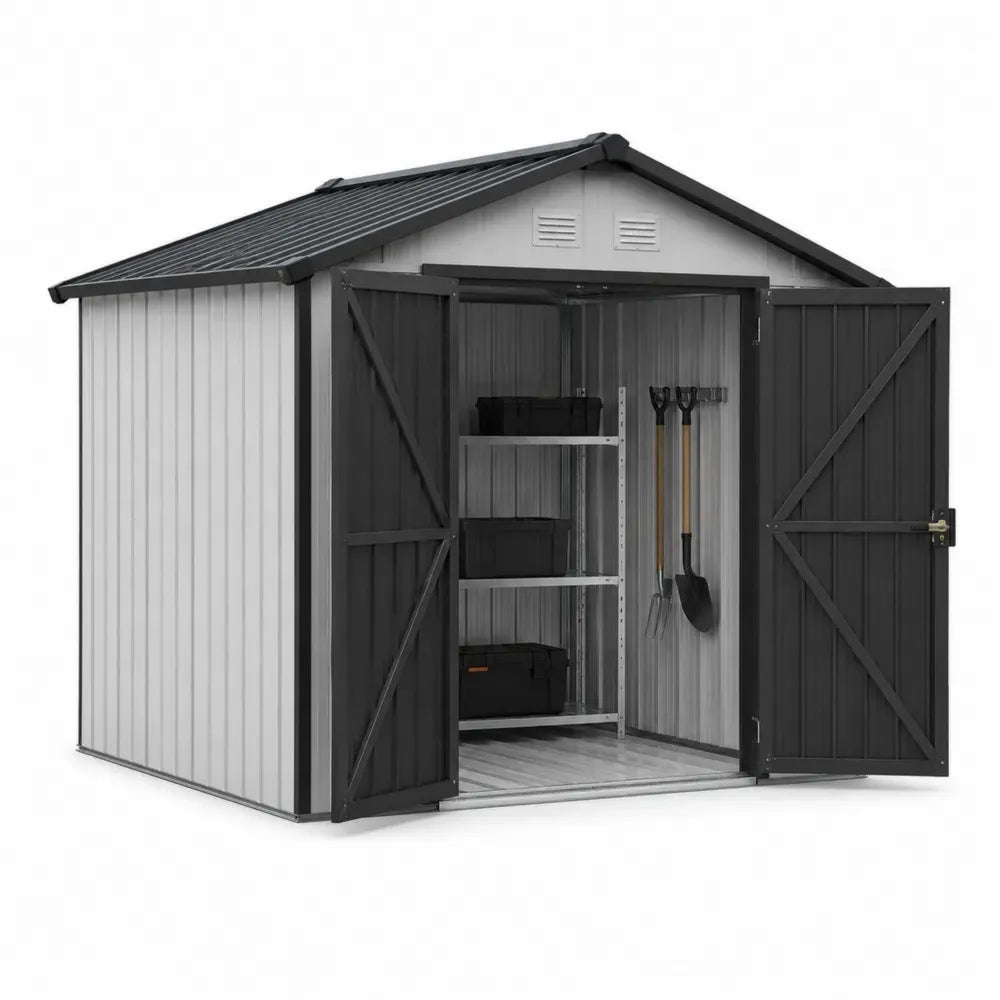 Gartenschuppen Gerätehaus mit Doppeltür 260 x 200 x 210 cm verzinktes Stahlblech rechteckig mit Satteldach Hellgrau Anthrazit
