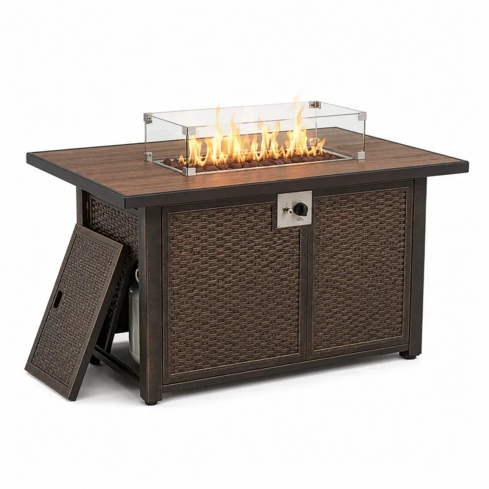 Gas-Feuerstelle Gartentisch rechteckig 132 x 76 x 65 cm Aluminium Stahl PE-Rattan Glas Braun Schwarz Transparent