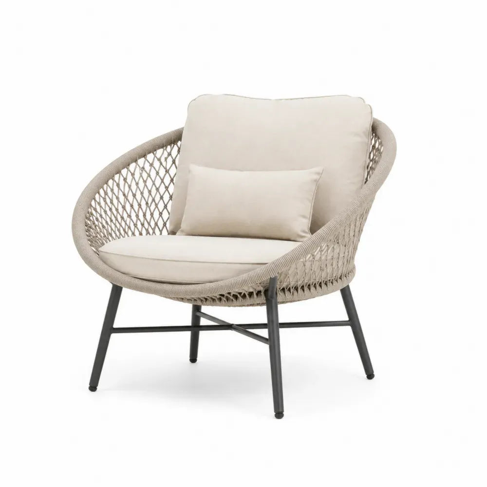 Garten-Loungesessel rund mit Kissen Polypropylen-Seilgeflecht pulverbeschichteter Stahl Beige Creme Dunkelgrau Schwarz 88 x 80 x 82 cm