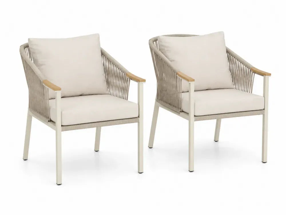 Gartenstuhl Set 2-teilig Loungesessel mit Kissen Aluminium Polyesterseil Akazienholz Creme Taupe Natur Schwarz 62 x 65 x 82 cm