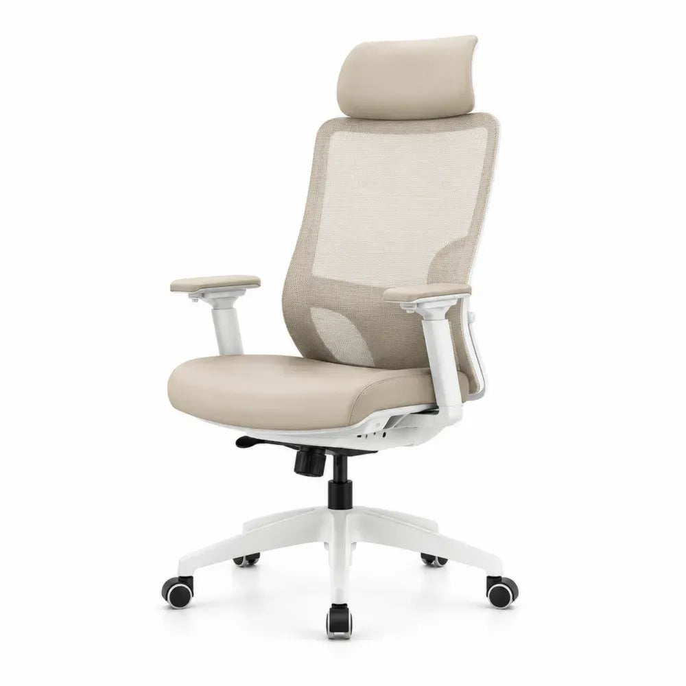 Bürostuhl Computerstuhl Drehstuhl mit Kopfstütze 68 x 68 x 118 bis 128 cm Polyester Netz PU Kunstleder PA Kunststoff Beige Weiß Schwarz