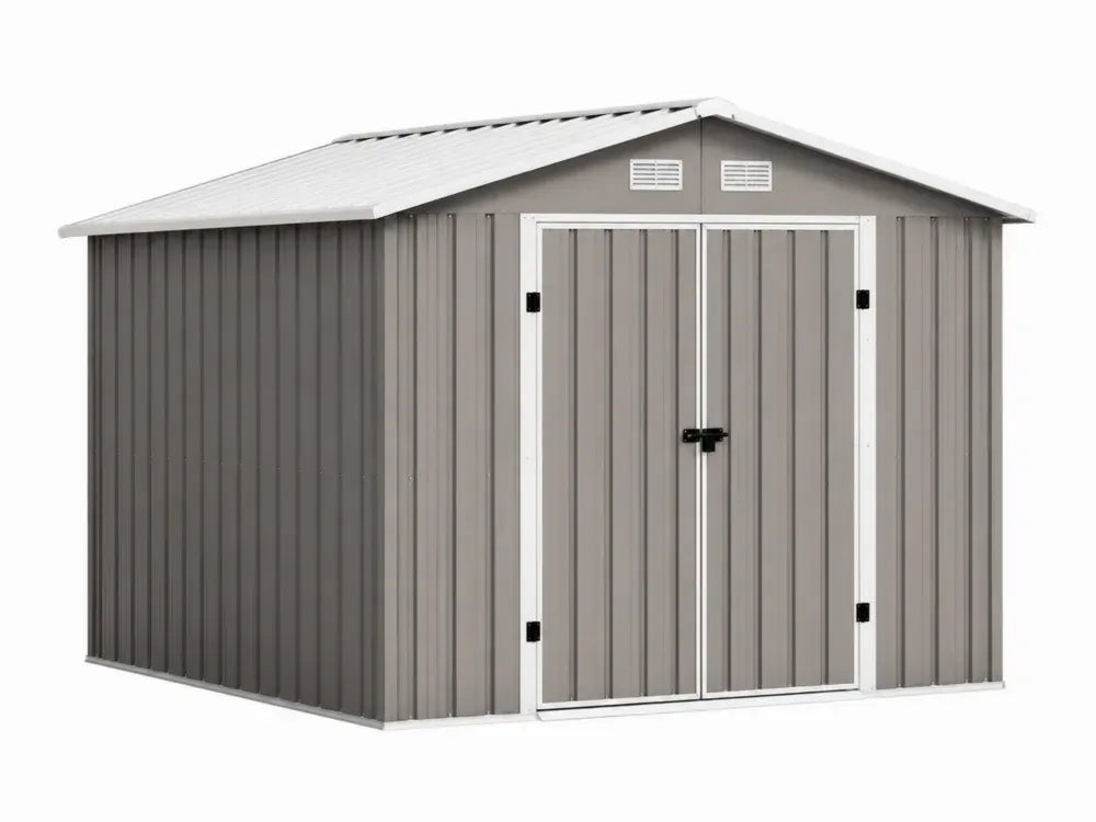 Metall Gerätehaus Gartenschuppen mit Satteldach und Doppeltür verzinktes Stahlblech Grau Weiß Hellgrau Schwarz 257 x 205 x 202 cm