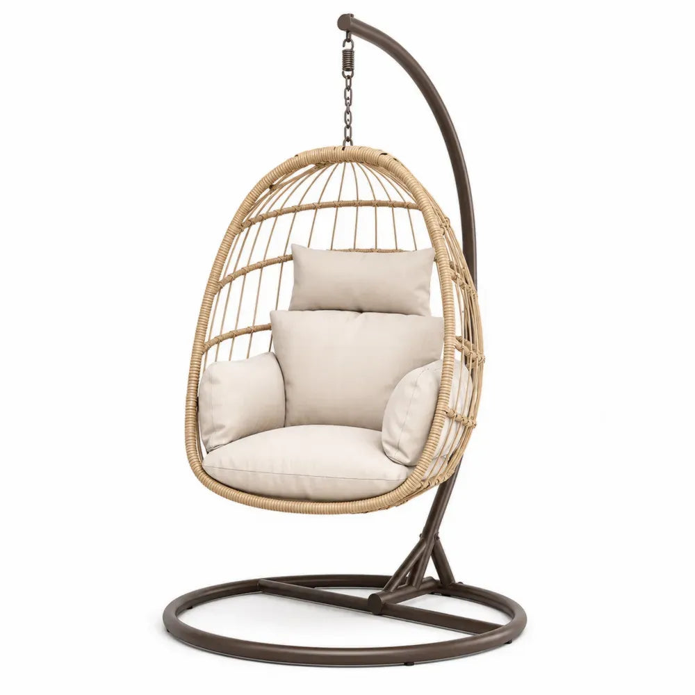 Hängesessel mit Gestell und Kissen 105 x 105 x 195 cm Stahl PE-Rattan Ei-Form Beige Creme Dunkelbraun Schwarz