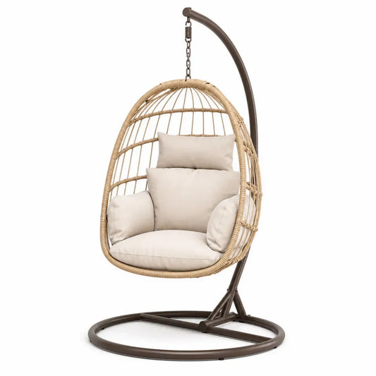 Hängesessel mit Gestell und Kissen 105 x 105 x 195 cm Stahl PE-Rattan Ei-Form Beige Creme Dunkelbraun Schwarz