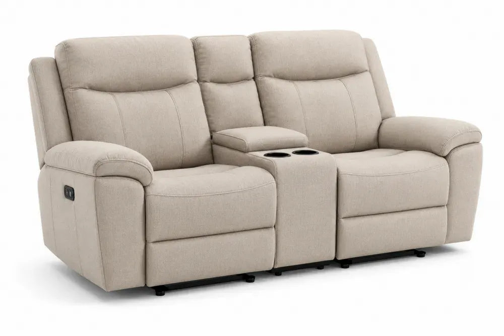 Zweisitzer-Sofa Relaxsofa mit Mittelkonsole Getränkehaltern und Liegefunktion 190 x 95 x 102 cm Polyestergewebe Beige Schwarz