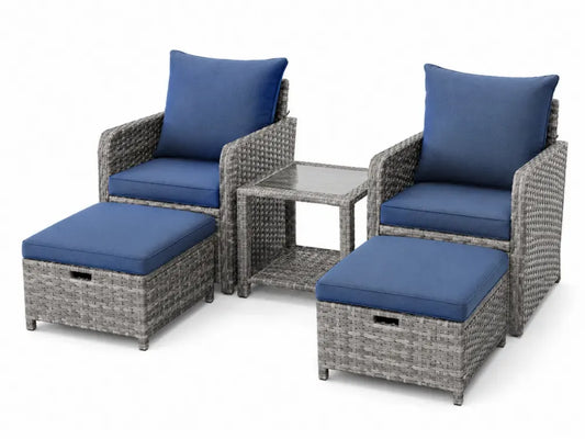 Garten-Lounge-Set 5-teilig mit 2 Sesseln 2 Hockern Beistelltisch PE-Rattan pulverbeschichteter Stahl Glas Polyester rechteckig Grau Blau