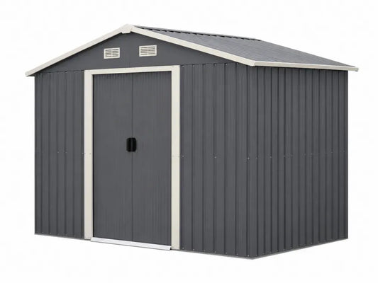 Gerätehaus Gartenschuppen Metall rechteckig mit Doppelschiebetür Satteldach verzinkter Stahl Anthrazit Beige Schwarz 277 x 319 x 202 cm