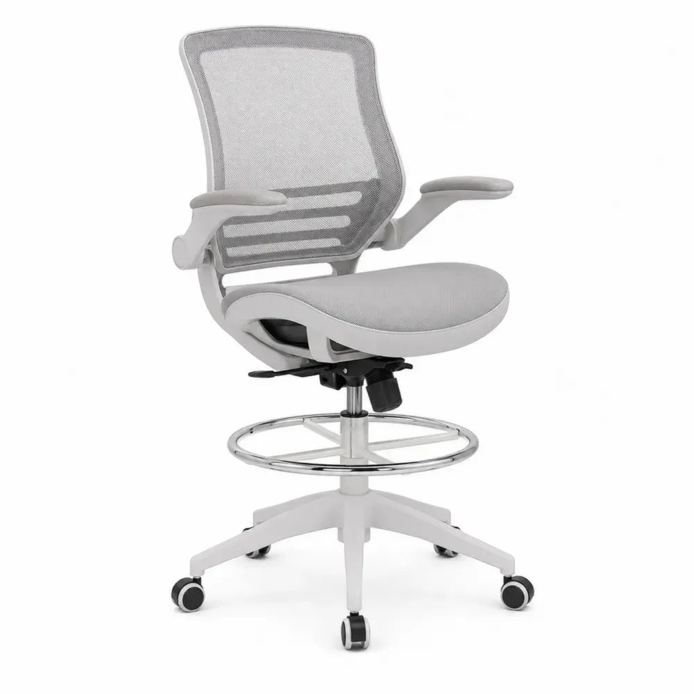 Bürostuhl Drehstuhl mit Armlehnen und Fußring 63 x 63 x 105-125 cm Polyester-Netzgewebe Polypropylen Stahl Grau Weiß Silber Schwarz