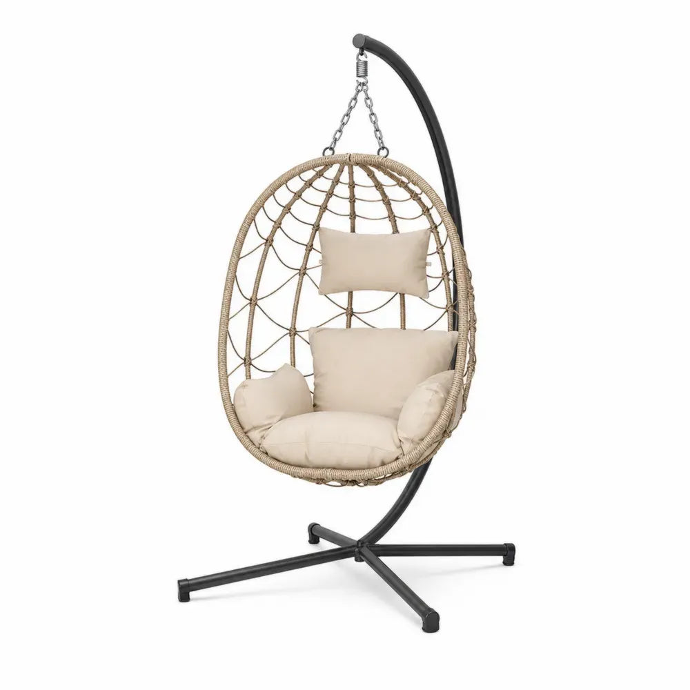 Hängesessel mit Gestell und Kissen 105 x 105 x 195 cm Stahl PE-Rattan eiförmig Naturbeige Creme Schwarz Silberfarben