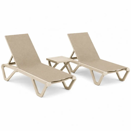 Sonnenliegen 2er Set mit Beistelltisch und verstellbarer Rückenlehne Polypropylen PVC-beschichtetes Polyestergewebe Creme Beige 190 x 70 x 83 cm Tisch 45 x 45 x 40 cm