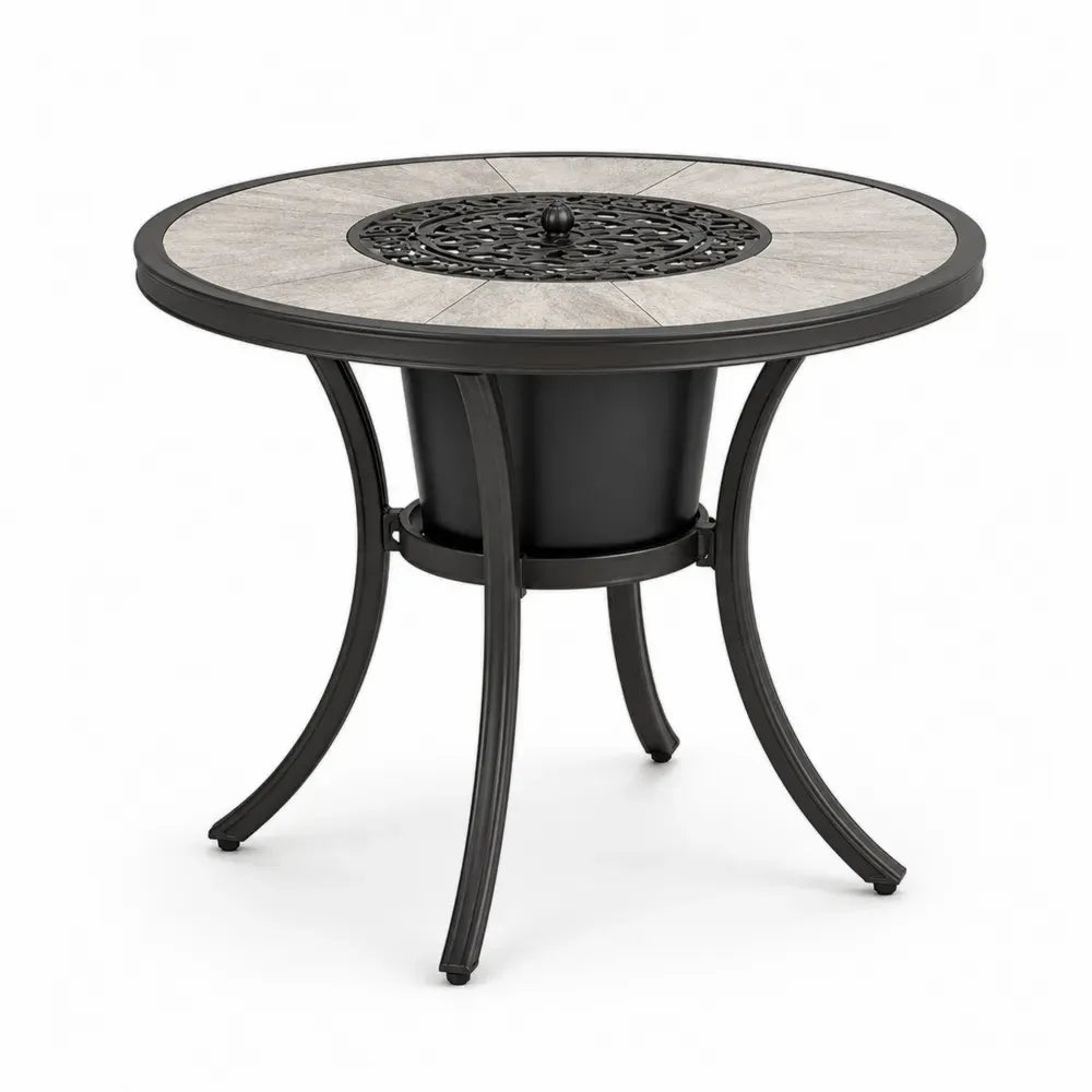 Gartentisch Terrassentisch rund Ø 106 cm Höhe 72 cm mit Keramikplatten Aluminiumguss und Stahl Schwarz Hellgrau