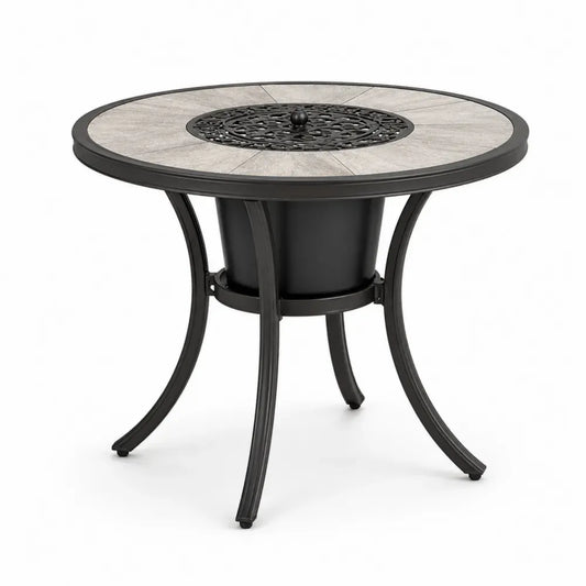 Gartentisch Terrassentisch rund Ø 106 cm Höhe 72 cm mit Keramikplatten Aluminiumguss und Stahl Schwarz Hellgrau