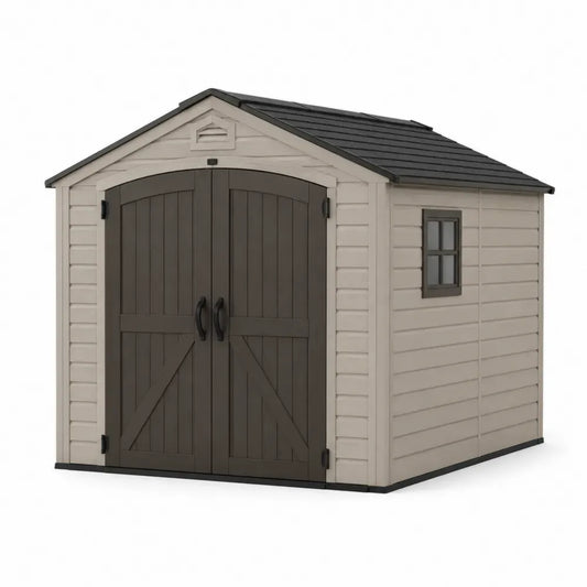 Kunststoff Gerätehaus Gartenschuppen mit Doppeltür Fenster Satteldach Polypropylen verzinkter Stahl Beige Anthrazit Schwarz 256 x 202 x 225 cm