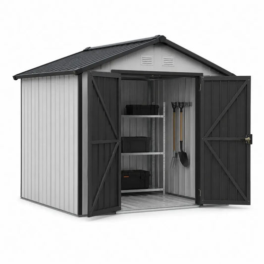 Gartenschuppen Gerätehaus mit Doppeltür 260 x 200 x 210 cm verzinktes Stahlblech rechteckig mit Satteldach Hellgrau Anthrazit