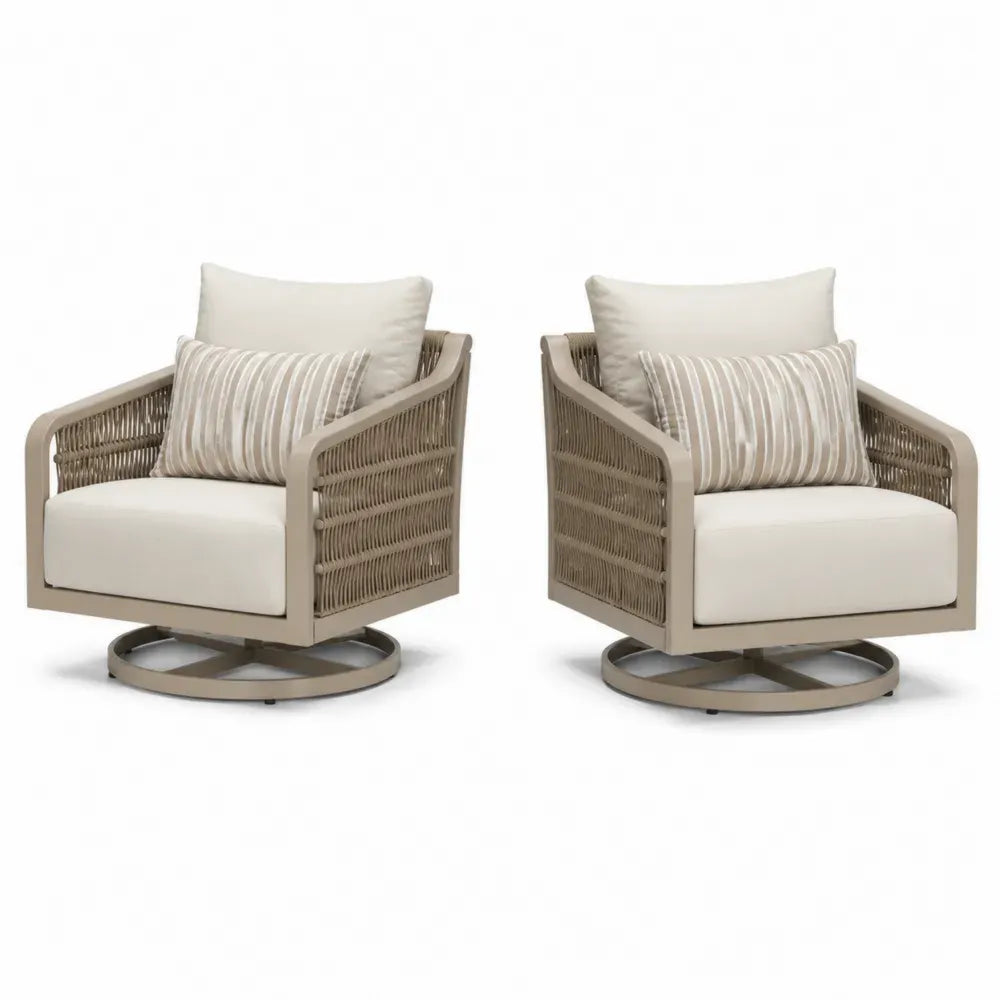 Gartenstühle 2er Set Drehsessel mit Armlehnen Aluminium Polyesterseil Kissen Taupe Creme Weiß Schwarz 82 x 82 x 80 cm