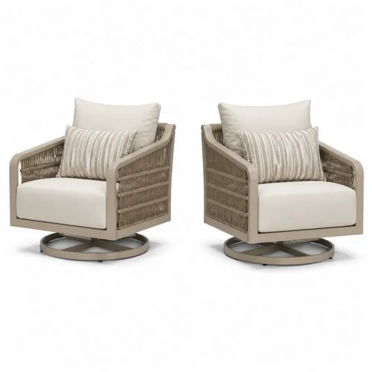 Gartenstühle 2er Set Drehsessel mit Armlehnen Aluminium Polyesterseil Kissen Taupe Creme Weiß Schwarz 82 x 82 x 80 cm