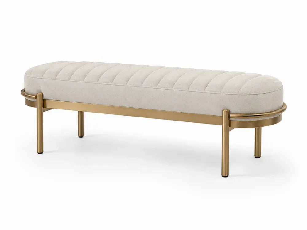 Schlafzimmerbank Polsterbank 140 x 42 x 45 cm Polyestergewebe Stahl rechteckig mit gerundeten Enden Beige Goldfarben Schwarz