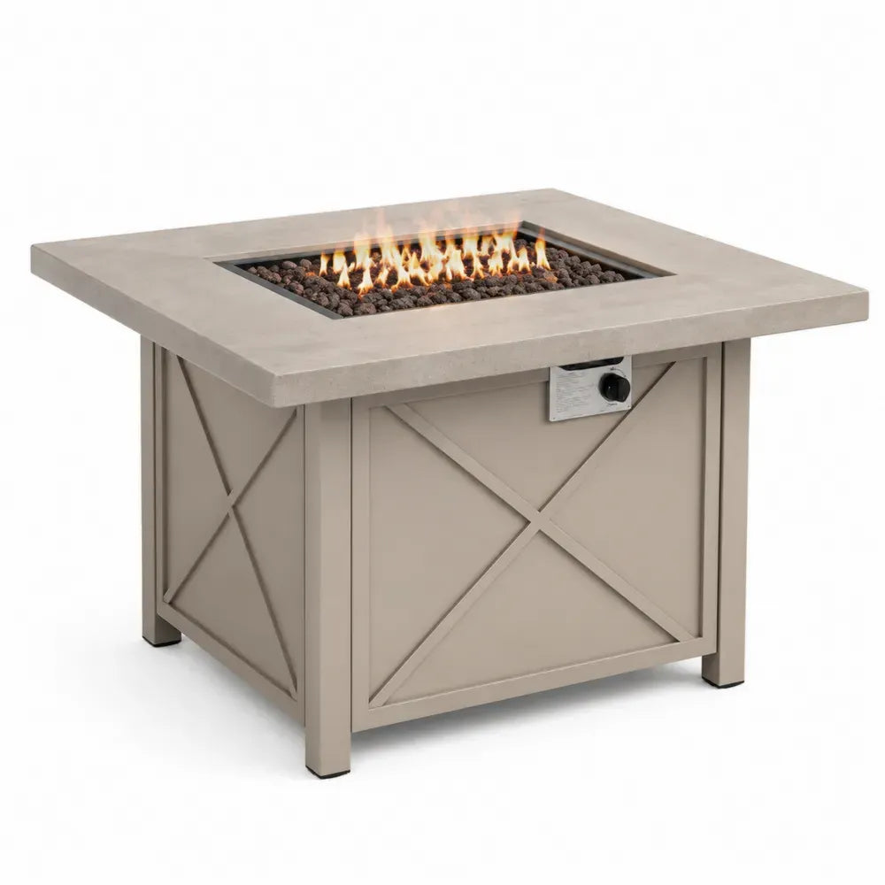 Feuertisch Gartentisch quadratisch mit Gasbrenner Lavasteinen Bedienfeld Magnesiumoxid-Verbundwerkstoff pulverbeschichteter Stahl Beige Taupe 107 x 107 x 64 cm