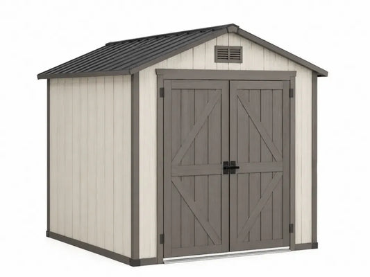 Kunststoff Gerätehaus Gartenschuppen mit Satteldach Doppeltür PP Polypropylen Rechteckig Beige Taupe Anthrazit Schwarz 244 x 202 x 228 cm