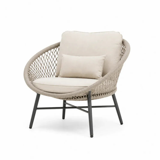 Garten-Loungesessel rund mit Kissen Polypropylen-Seilgeflecht pulverbeschichteter Stahl Beige Creme Dunkelgrau Schwarz 88 x 80 x 82 cm